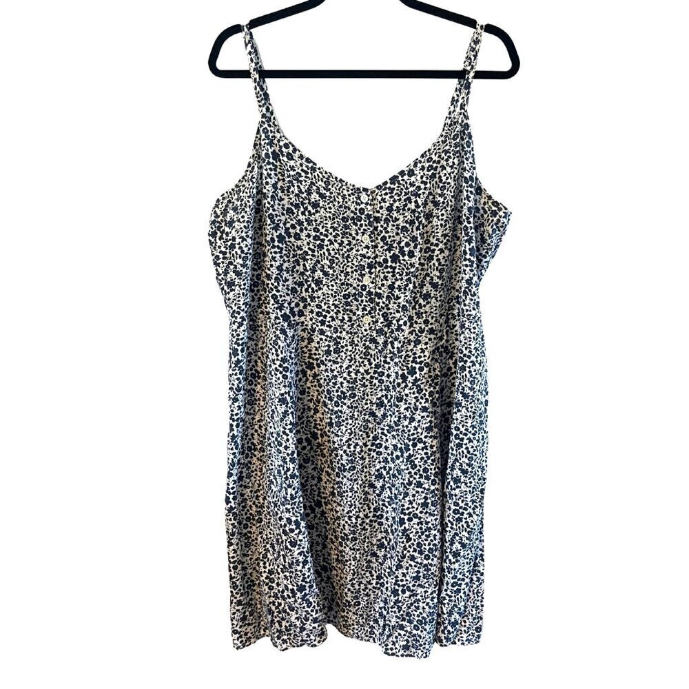 Gap Sun Dress Navy white Floral XL Adj straps rouched vneck button up beach boho